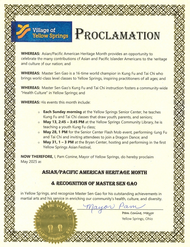 Asian Pacific American Heritage Month & Recognition of Master Sen Gao